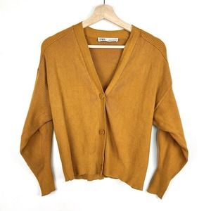 Zara Ribbed Button Front Cardigan Sweater Golden Mustard Viscose Blend